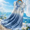 Blue and white tie-dyed ruffled edge cool silk-stored linen dress for women's wear, floral style Specification image